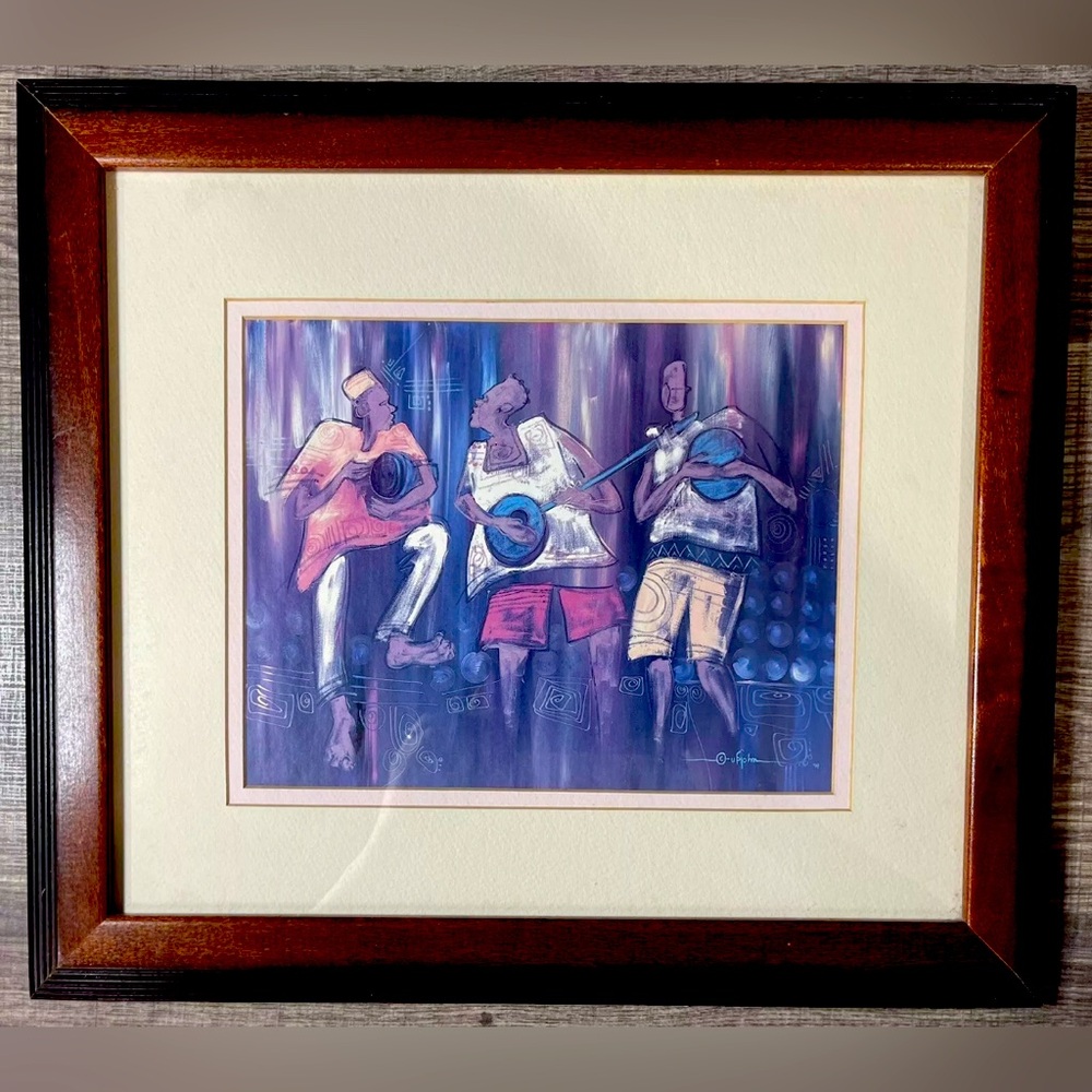 “African Musicians” 1991 Buchi Upjohn Aghaji Signed Print Professionally Framed